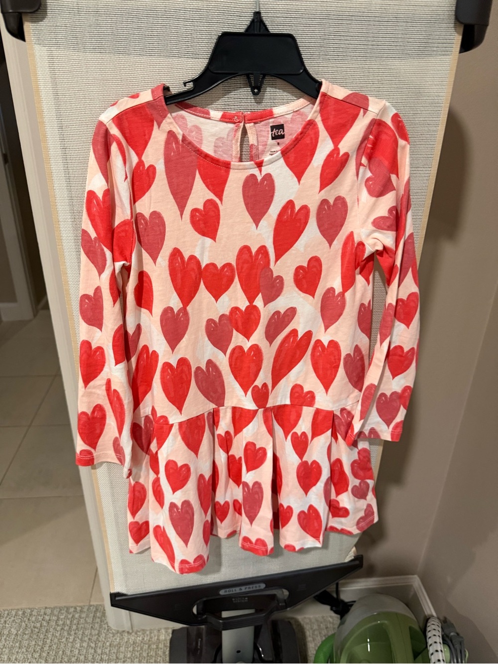 Tea Collection Pink and Red Heart-Print Long Sleeve Peplum Top